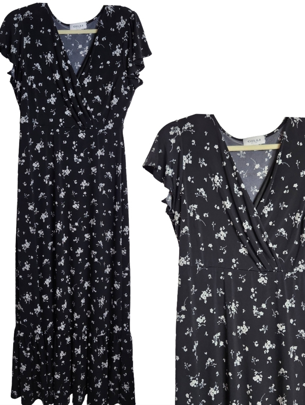 Gilli Vneck Short Sleeve Maxi Dress Womens Large Black White Floral Faux Wrap